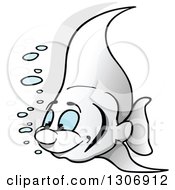Poster, Art Print Of Cartoon Happy White Marine Fish With Bubbles Facing Left