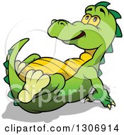 Poster, Art Print Of Cartoon Awed Green Dinosaur Resting And Leaning Back While Looking Up