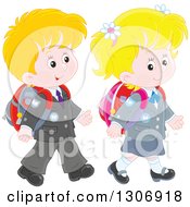 Poster, Art Print Of Cartoon Caucasian Young School Children Walking Together