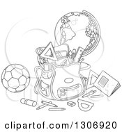 Poster, Art Print Of Cartoon Black And White School Backpack Bag With Supplies A Desk Globe And Soccer Ball
