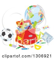 Poster, Art Print Of Cartoon Backpack With School Supplies A Desk Globe And Soccer Ball