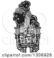Black And White Woodcut Fortified City With Burning Buildings
