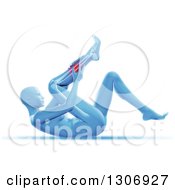 Poster, Art Print Of 3d Blue Anatomical Woman Laying On Her Back And Holding A Painful Calf With Visible Leg Bones On White