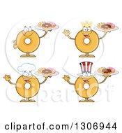 Cartoon Happy Round Plain Or Glazed Donut Characters Holding Trays Of Doughnuts