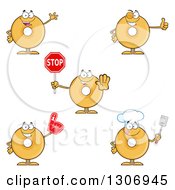 Cartoon Happy Round Plain Or Glazed Donut Characters Waving Giving A Thumb Up Stopping Wearing A Foam Finger And A Chef
