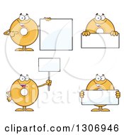 Cartoon Happy Round Plain Or Glazed Donut Characters With Blank Signs
