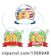 Cartoon Labels Of Round Glazed Or Plain Chef Donut Characters Holding Spatulas