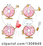 Clipart Of Cartoon Happy Round Pink Sprinkled Donut Characters Waving Giving A Thumb Up Wearing A Foam Finger And Holding A Spatula Royalty Free Vector Illustration