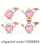 Poster, Art Print Of Cartoon Happy Round Pink Sprinkled Donut Characters Holding Trays Of Doughnuts