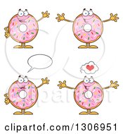 Cartoon Happy Round Pink Sprinkled Donut Characters Waving And Welcoming