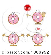 Cartoon Happy Round Pink Sprinkled Donut Characters Holding A Stop Sign And Welcoming