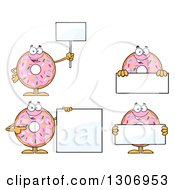 Cartoon Happy Round Pink Sprinkled Donut Characters Holding Blank Signs