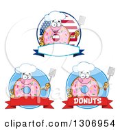 Poster, Art Print Of Cartoon Happy Round Pink Sprinkled Donut Chef Characters Holding Spatulas Over American And Blue Circles And Banners