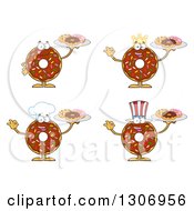 Cartoon Happy Round Chocolate Sprinkled Donut Characters Holding Trays Of Doughnuts
