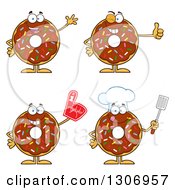 Clipart Of Cartoon Happy Round Chocolate Sprinkled Donut Characters Waving Giving A Thumb Up Wearing A Foam Finger And Holding A Spatula Royalty Free Vector Illustration