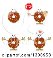 Cartoon Happy Round Chocolate Sprinkled Donut Characters Holding A Stop Sign And Welcoming