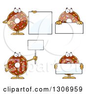 Cartoon Happy Round Chocolate Sprinkled Donut Characters Holding Blank Signs