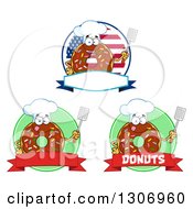 Cartoon Labels Of Happy Round Chocolate Sprinkled Donut Chef Characters Over Banners And Circles