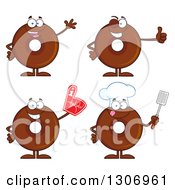 Cartoon Happy Round Chocolate Donut Chef Characters Waving Giving A Thumb Up Wearing A Foam Finger And Holding A Spatula