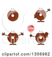 Cartoon Happy Round Chocolate Donut Characters Smiling Waving Welcoming And Holding A Stop Sign