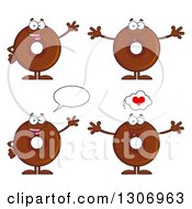 Cartoon Happy Round Chocolate Donut Characters Waving Welcoming And Talking