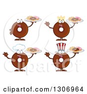 Cartoon Happy Round Chocolate Donut Characters Holding Trays Of Doughnuts