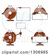 Cartoon Happy Round Chocolate Donut Characters Holding Blank Signs