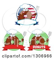 Poster, Art Print Of Cartoon Labels Of Happy Round Chocolate Donut Chef Characters Holding Spatulas
