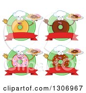 Cartoon Happy Round Donut Characters Holding Doughuts Over Blank Banners And Green Circles