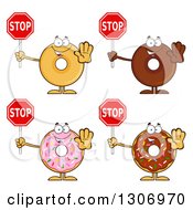 Cartoon Happy Round Donut Characters Gesturing And Holding Stop Signs