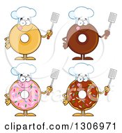 Cartoon Happy Round Donut Chef Characters Holding Spatulas