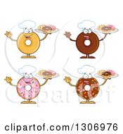 Cartoon Happy Round Donut Chef Characters Holding Plates Of Doughnuts