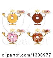 Cartoon Happy Round King Donut Characters Holding Trays Of Doughnuts