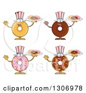 Cartoon Happy Round American Uncle Sam Donut Characters Holding Trays Of Doughnuts