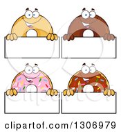 Cartoon Happy Round Donut Characters Over Blank Signs
