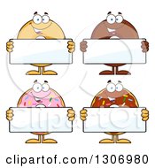 Cartoon Happy Round Donut Characters Holding Blank Signs