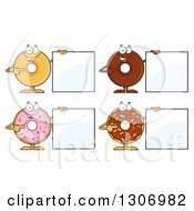 Cartoon Happy Round Donut Characters Holding And Pointing To Blank Signs