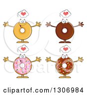 Cartoon Happy Round Donut Characters With Hearts And Open Arms