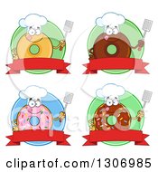 Cartoon Happy Round Donut Chef Characters Holding Spatulas Over Blank Banners And Green Circles