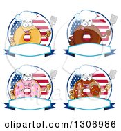 Cartoon Happy Round Donut Chef Characters Holding Spatulas Over Blank Banners And American Flag Circles