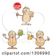 Cartoon Happy Peanut Characters Holding A Stop Sign Beer And Jar Of Butter