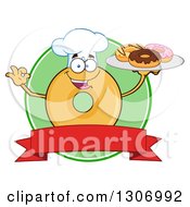 Poster, Art Print Of Cartoon Round Glazed Or Plain Chef Donut Character Gesturing Ok And Holding A Tray Of Doughnuts Over A Blank Banner And Green Circle