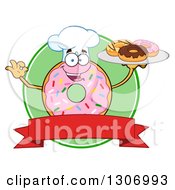 Poster, Art Print Of Cartoon Happy Round Pink Sprinkled Donut Chef Character Holding A Plate Of Doughnuts Over A Blank Banner And Green Circle