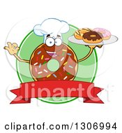 Poster, Art Print Of Cartoon Happy Round Chocolate Sprinkled Donut Chef Character Holding A Tray Of Doughnuts Over A Blank Banner And Green Circle Label