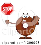 Cartoon Happy Round Chocolate Donut Character Holding A Stop Sign