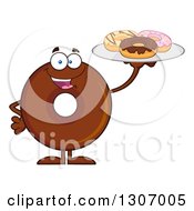 Cartoon Happy Round Chocolate Donut Character Holding Up A Tray Of Doughnuts