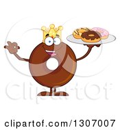 Cartoon Happy Round Chocolate Donut King Character Gesturing Ok And Holding A Tray Of Doughnuts