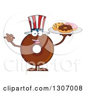 Poster, Art Print Of Cartoon Happy Round American Chocolate Donut Character Gesturing Ok And Holding A Tray Of Doughnuts