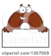 Cartoon Happy Round Chocolate Donut Character Over A Blank Sign