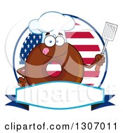Cartoon Happy Round Chocolate Donut Chef Character Holding A Spatula Over A Blank Banner In An American Circle